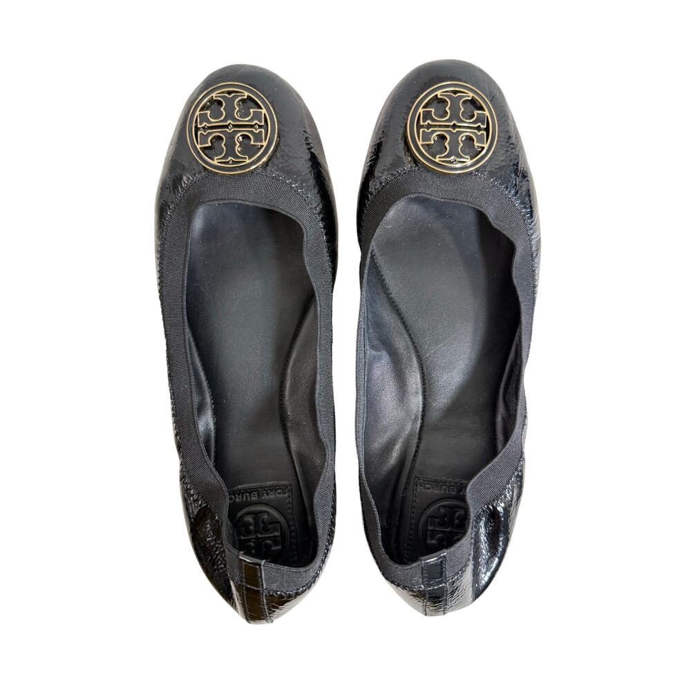 Tory Burch Caroline Ballet Flats Women’s 9 Black Patent Leather Logo Shoes - Picture 4 of 15